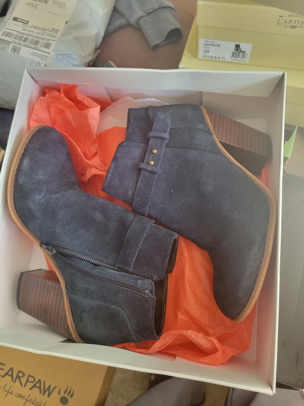 Sole Society Navy Suede Ankle Boots with Stacked Heel